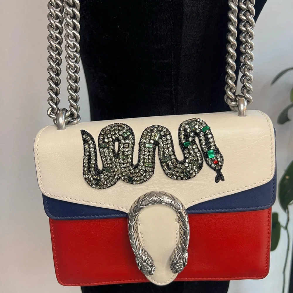 GUCCI Calfskin Crystal Snake Embroidered Dionysus Shoulder Bag White Red Blue - Picture 5 of 16